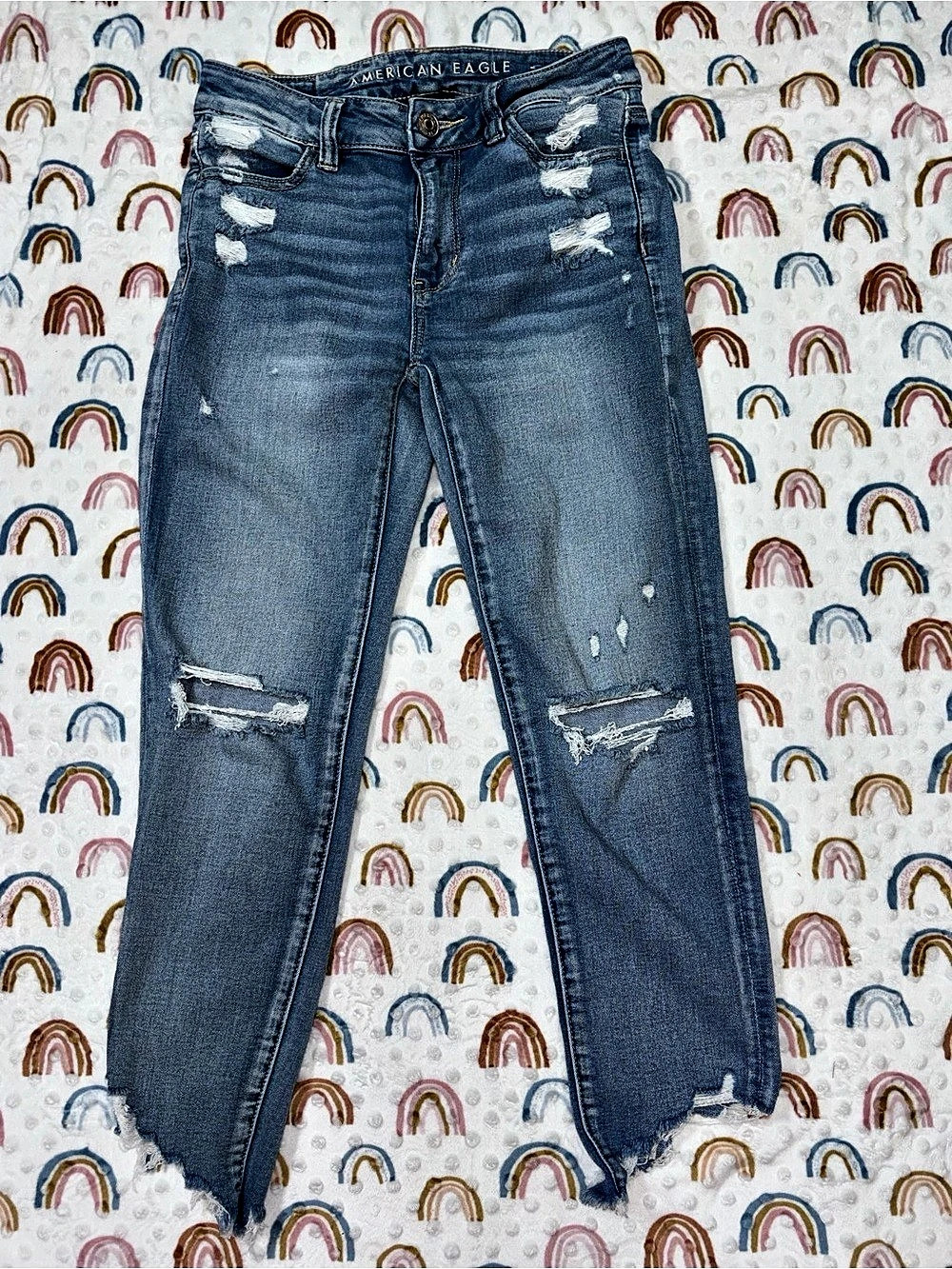 American Eagle Next Level Stretch Distressed Skinny Jeans in Blue Size 0